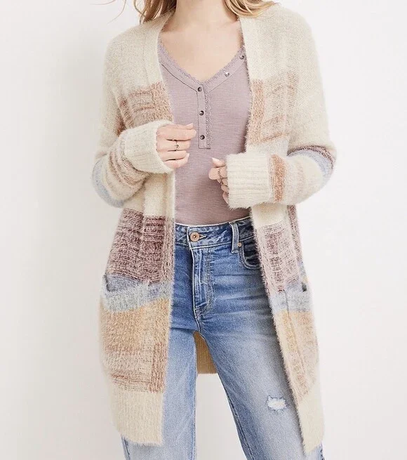 Maurices Plus Size Eyelash Striped Open Cardigan Plus Size 0X Cream Sweater - Picture 1 of 15